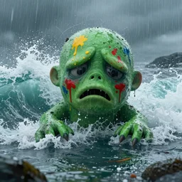 the pain is splattered on the sad monster's green face on a rainy day with huge waves crashing against him, hints of red and yellow, fantasy, unreal engine
