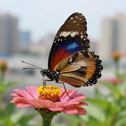 a close up photo of a beautiful butterfly on a flower, with a city in the background, made with an 8 0 mm lense