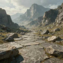 The stone covered landscape with mountains in the background, Sci-Fi fantasy wallpaper, painted, 4k, high detail, sharp focus