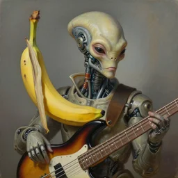 cinematic bust portrait of a banana with a bass guitar from left, head and chest only, exotic alien features, robotic enhancements, desaturated, tim hildebrandt, wayne barlowe, bruce pennington, donato giancola, larry elmore, oil on canvas, masterpiece, trending on artstation, featured on pixiv, cinematic composition, dramatic pose, beautiful lighting, sharp, details, hyper - detailed, hd, hdr, 4 k, 8 k