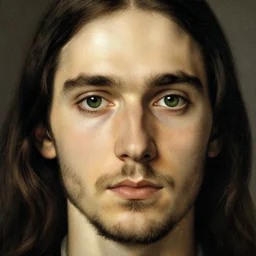 young man, long hair, short facial hair, no mustache, dark green eyes, dark eyebrows, light widows peak light facial hair, in the style of mauritz cornelis escher, in - frame