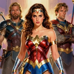 emma watson as wonder woman wearing royal mantle illustration we can do it by alex gross by alex ross by Greg Land by J. Howard Miller digital painting comic book superheroes