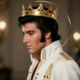 a side portrait of elvis presley, with a gold crown, gold halo, by james christensen, vittorio matteo corcos, tendring on artstation, photorealistic, intricate details, highly detailed, bokeh, 4 k.