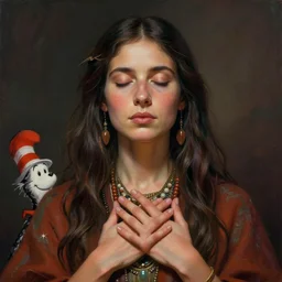 a beautiful portrait of a female shaman with eyes closed feeling her heart, designed by dr seuss and michal karcz, by christophe vacher