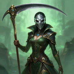 a highly detailed illustration of plague doctor mask wearing woman, wielding scythe, surrounded by green mist background, intricate, elegant, highly detailed, centered, digital painting, artstation, concept art, smooth, sharp focus, league of legends concept art, WLOP