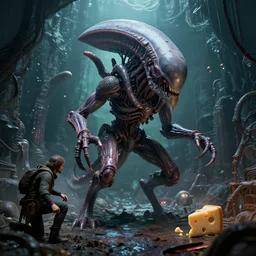 by chet zar and alexander jansson, visually stunning, cinematic, ultra realistic, hyper realism, 1 2 k, epic, octane render, unreal engine, vfx, maya, it's form is all wrong : undefined idealism, scion of the swarm : thallid omnivore, the sewer holds a spooky surprise : undercity scavenger, a little block of cheese : the fluidity of creativity