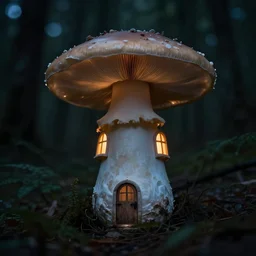 A mushroom house in a tall mushroom, small door and windows in the mushroom, warm light coming from the windows, in a dark forest, macro, cool tones, underexposed, overecast, mysterious matte painting by greg rutkowski and marc simonetti and Ivan Shishkin, 4k
