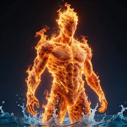 man made of fire and water, realistic, 8 k, extremely detailed, cgi, trending on artstation, hyper - realistic render, 4 k hd wallpaper, premium prints available, by greg rutkowski