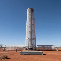 symmetry!! modular atmospheric water collector tower, electrostatic fog collector tunnel, fine sailcloth mesh, windtrap, with irrigation reservoir in the australian red desert, simple composition, rule of thirds, photorealistic scientific documentary