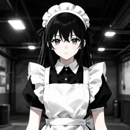 brutal high - contrast illustration of anime maid standing inside a basement of industrial lights, beautiful upper body shot, pretty face and eyes by davinci, pixiv contest winner