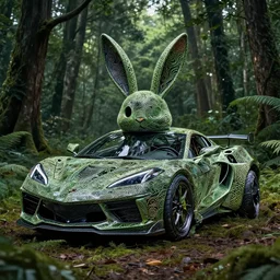 chrome bunny made of corvette parts in a lush forest :: moody, ornate, dynamic, particulate, intricate, elegant, highly detailed, centered, artstation, smooth, sharp focus, octane render