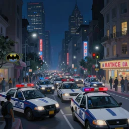 a beautiful, surreal painting of india portrayed as gotham city at night filled with police cars, people and batman signal shining at the background on the clouds by gerardo dottori and simon stalenhag, oil on canvas, full hd, 8 k