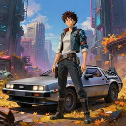 an epic fantasy comic book style portrait painting of an abandoned futuristic delorean standing near a cyberpunk city, studio ghibli, unreal 5, daz, hyperrealistic, octane render, cosplay, rpg portrait, dynamic lighting, intricate detail, harvest fall vibrancy, cinematic