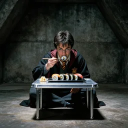 Harry potter film, a scene where Harry is eating in a Concrete wall basement, Sushi is placed on a small aluminum table placed in the center, Dark cinematic color tones.
