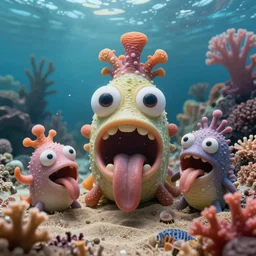 of a colorful cloudy deep sea under water with strange cute friendly happy creatures with huge eyes, mouth, long tongue and round teeth appearing from sandy coral, in the style of gehry and gaudi, macro lens, shallow depth of field, highly detailed, digital painting, trending artstation, concept art, illustration, cinematic lighting, photorealism, epic, octane render
