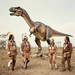 old photograph of native american indians and dinosaurs