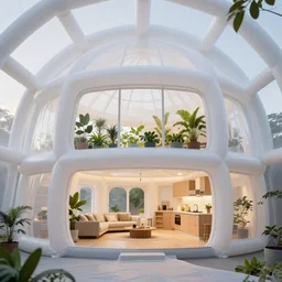 inside inflatable organic timber home. translucent white the inflatable fabric. very tall double - height living room and kitchen. mesh fabric strong woven texture. geodesic cellular geometry. hydroponic garden. architectural photography. unreal engine, 4 k, 8 k. volumetric lighting.