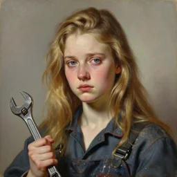 baroque oil painting character headshot portrait concept art, uma thurman, sad expression, realism key visual of young female mechanic, oily coveralls, holding spanner, studio soft light directed, gaze finely detailed perfect face, long flowing blonde hair, blue eyes, trending on pixiv fanbox, painted by greg rutkowski
