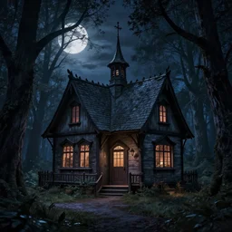fairytale cottage in haunted woods with moonlight, dark and gothic, full frame, art by walter crane and kay nielsen and h j ford, black and white engraving, vector, vector art