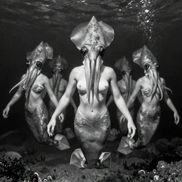 By Jason deCaires Taylor, ultra realist soft painting of a squid parade by night, beautiful mermaid in curvy bodysuit, symmetry accurate features, very intricate details, omnious underwater environment, black and white, volumetric light water