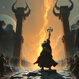 the viking stands triumphantly as he enters the gates of valhalla. highly detailed, digital painting, artstation, smooth, sharp focus, illustration, masterpiece, art by ruan jia and jakub rebelka and artgerm and greg rutkowski and ralph mcquarrie