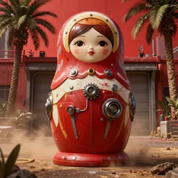 A highly detailed, beautiful rendered, close portrait of a matryoshka, half human, in spandex suit, with scars, high tech equipement attached to her body, in a tropical and dystopic city, in front of a garage, dried palmtrees, thick dust and red tones, bladerunner, cyberpunk, lost city, hyper-realistic environment, Epic concept art. Warhammer 40k