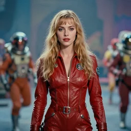 a portrait of milla jovovich as barbarella wearing a leather spacesuit having an adventure, psychedelic, beautiful, soft focus, depth of field, cinematic, film grain, wide shot, in the style of kubrick, ridley scott