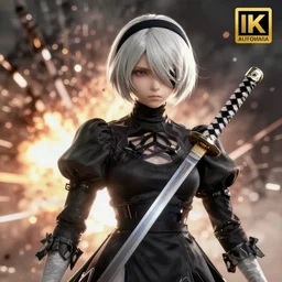 realistic render of Nier Automata with katana, dramatic lighting, explosions in background, 4k
