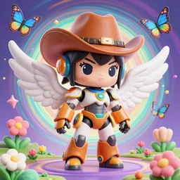 3 d render of chibi raver cyborg mecha fairy angel in the style of ichiro tanida wearing a big cowboy hat and wearing angel wings against a psychedelic swirly background with 3 d rendered butterflies and 3 d rendered flowers n the style of 1 9 9 0's cg graphics 3 d rendered y 2 k aesthetic by ichiro tanida, 3 do magazine