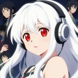 anime poster visual, full portrait of a young woman, large red eyes, white hair!!!!!, long, wearing wireless headphones, cute face by ilya kuvshinov, yoshinari yoh, makoto shinkai, katsura masakazu, dynamic perspective pose, detailed facial features, kyoani, rounded eyes, crisp and sharp, cel shade, headshot