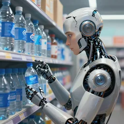 a close-up shot of a cyborg in a store contemplating which brand of water to buy while shopping, digital painting, illustration, high quality, futuristic art style, cyberpunk, style by jordan grimmer and greg rutkowski