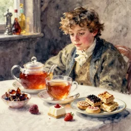 tea, sweets, and snacks. intricate watercolor illustration by john singer sargent