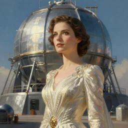 an elegant lady in front of an nuclear sci - fi containment building, by darwyn cooke, intricate