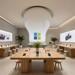 (2050s Microsoft bulbous Zaha Hadid retail interior. Mobile phones. large oak tables, empty stools, fragrant plants, large digital screens) muted palette, architectural photography, wide shot, XF IQ4, 14mm, f/1.4, ISO 200, 1/160s, 8K, RAW, unedited, symmetrical balance
