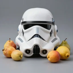 a still life of 1 6 2 5, germany, a clone trooper helmet surrounded by fruit, 4 k masterpiece