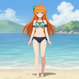 a orange haired with a green hairbow and wearing japanese school swimsuit, concept art by muqi, featured on pixiv, mingei, official art, full body, anime aesthetic
