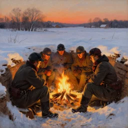 civil war soldiers hunkering down in a trench in the snow, huddled around a small campfire for warmth at dusk. warm colors, hard angles, painting by gaston bussiere, craig mullins, j. c. leyendecker