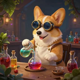a beautiful stunning interesting photorealistic digital magic the gathering world of warcraft fantasy illustration of a corgi wearing steampunk safety goggles and a white apron while mixing potions, in a potion shoppe, colorful bottles and plants, awesome and moody, by marc simonetti