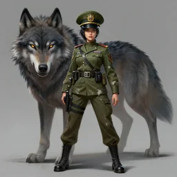 a highly detailed illustration of skai jackson wearing tattered military uniform and green officer cap with giant wolf next to her, dramatic standing pose, intricate, elegant, highly detailed, centered, digital painting, artstation, concept art, smooth, sharp focus, league of legends concept art, wlop