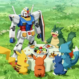 a gundam, pokemon and digimon having lunch together on the grass, photo 4k realistic extreme details cinematic
