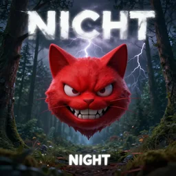 Floating red cat head with an evil grin at nicht in the forest, thunderstorm, cover art