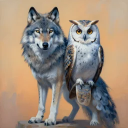 painting of hybrid between wolf & owl, intercrossed animal, by zdzislaw beksinski, by tiffany bozic, by chris buzelli, cold hue's, warm tone gradient background, concept art, beautiful composition, digital painting