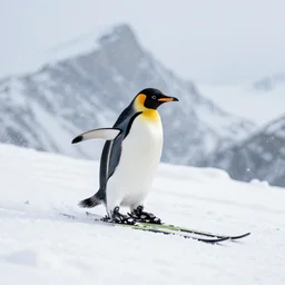penguin (on skis) skiing on snow, snowy mountain background, snowing