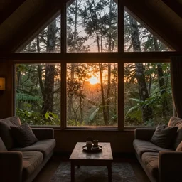 rainy forest viewed from the inside of a cabin, at sunset. big glass windows, cozy furniture, warm colors.