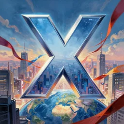 an epic comic book style painting of the uppercase letter x towering over the world, the letter x, font, letters, future tokyo cityscape with ribbons, banners and ribbons, trending on artstation, dynamic lighting