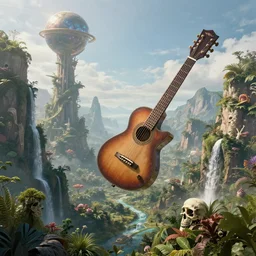 the simulation is set to fly through the orb of madness, celestial towers, skeleton guitar surreal, mountainous terrains filled with lush with flora and waterfalls, no gods no masters no labels, by antoine wiertz and noah bradley, visually stunning, cinematic, ultra realistic, hyper realism, 1 2 k, epic, octane render, unreal engine, vfx, maya