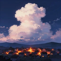 little village on black fire, sky, spring, night, beautiful cloud, quiet, anime background, illustration, sharp focus, intricate, smooth, super wide angle, trending on artstation, trending on deviantart
