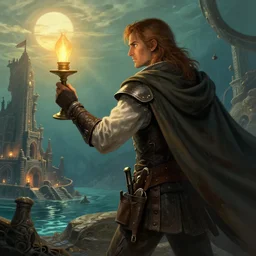 concept art of a smart swashbuckler holding a candle holder discovering a sunken city, wearing a cape highly detailed, digital art, illustration, artstation, very detailed, 4 k