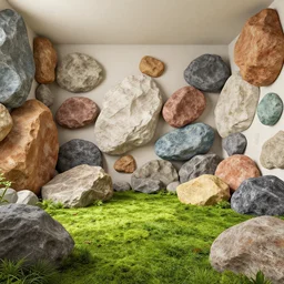 a colorful room made of rocks with natural light and mossy floor with an artist easel in the center of the room connected to a series of computers