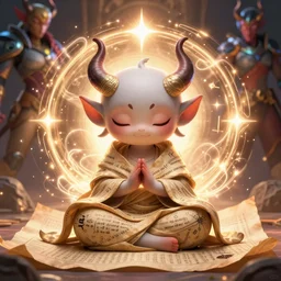 a tiny cute demon meditating, wrapped in sacred parchment with glowing text, smooth, intricate, elegant, digital painting, artstation, power runes, pulsing energy, concept art, sharp focus, octane render, illustration, art by shintaro kago and james jean, overwatch character,